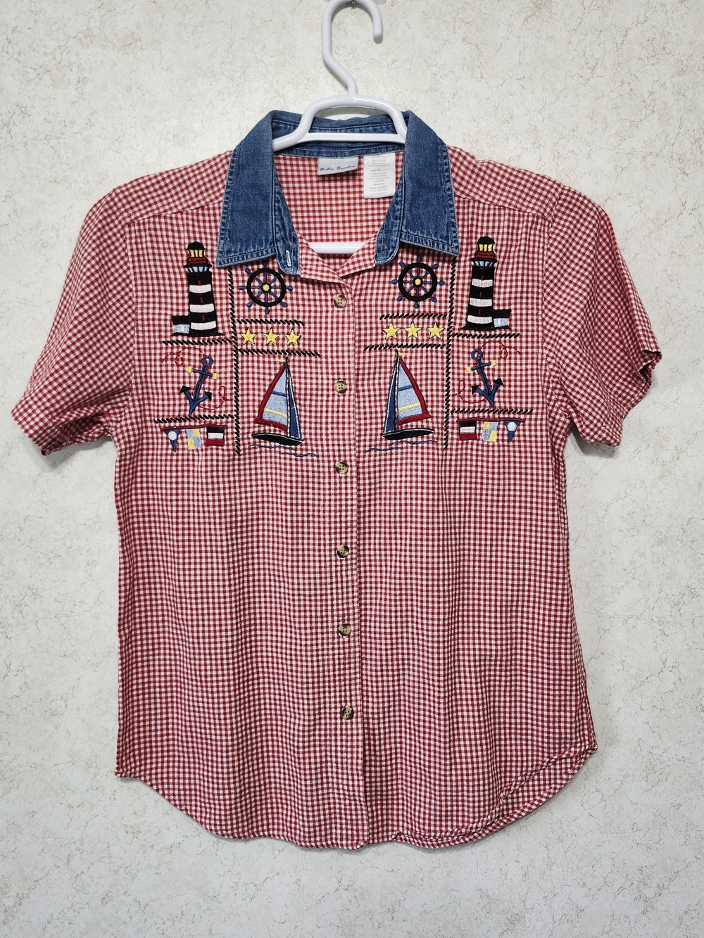 Ladies Medium Short Sleeve Gingham Button-Down Shirt Nautical Beach Boat Gulf